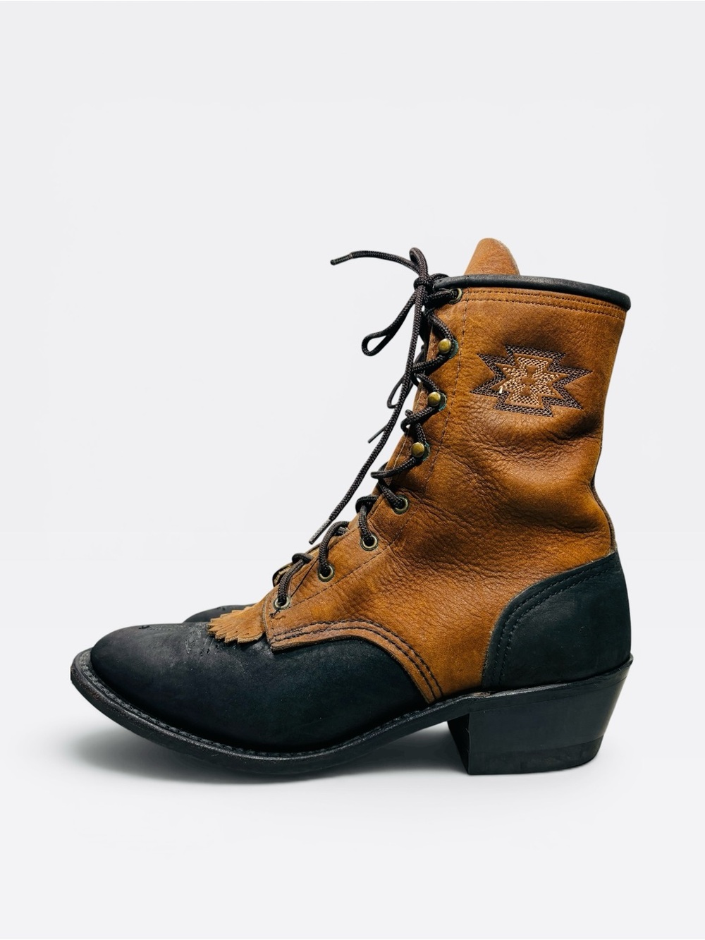 VTG Abilene Western Packer Brown Black Aztec Star Kiltie Lace Up Boots Prairie 6